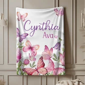 Butterfly Baby Girl Personalize Name Blanket, toddler birthday gift, Butterfly nursery, baby shower gift, grand daughter gift, crib blanket