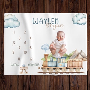 Manta personalizada con tema de tren para bebé, seguimiento del crecimiento mensual, guardería con tren, foto de recién nacido, regalo para baby shower, regalo con tema de tren para niño