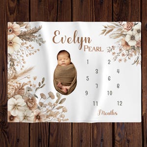 Boho bloemen babymeisje personaliseren mijlpaaldeken, maandgroeitracker, kraamcadeau, pasgeboren fotorekwisiet, beige bloemenkwekerij