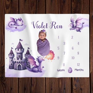Draak babymeisje personaliseren mijlpaaldeken, groeimaandmeter, decor sprookjeskwekerij, foto van pasgeboren baby, drakenkasteel kraamcadeau