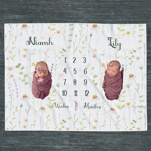 Twin Baby Wildflower Personalize Milestone Blanket, Monthly Growth Tracker, Baby Shower Gift, Twin baby photo prop, Twin Wildflower Nursery
