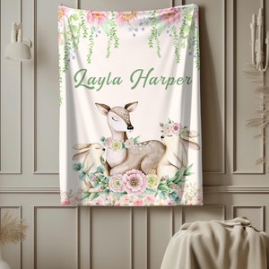 Personalize Woodland Floral Blanket Baby Girl, toddler birthday gift woodland floral nursery décor, baby shower, Baptism grand daughter gift