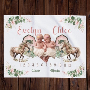 Floral Farm Horse Personalize Twin Baby Girl Milestone Blanket, Month Growth Tracker, Baby Shower Gift, Twin Girl photo prop, Horse Nursery