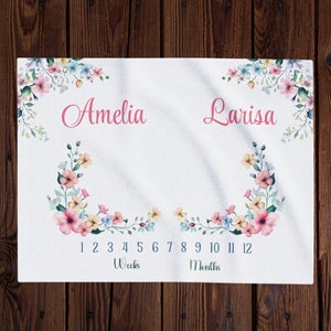 Pastel Floral Twin Baby Girl Personalize Milestone Blanket, Month Growth Tracker, Baby Shower Gift, Twin Girl photo prop, Flower Nursery