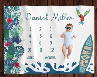 Aloha personalize tropical milestone blanket baby boy, monthly growth tracker, newborn photo prop, tropical leaves nursery, baby shower gift