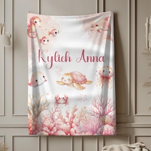 Under The Sea Baby Girl Personalize Blanket, Toddler Birthday Gift, Sea Animal Nursery, Baby Shower Gift, Custom Ocean Girl Name Blanket