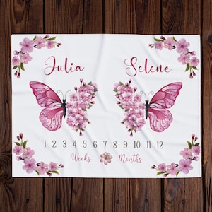 Pink Floral Butterfly Personalize Twin Baby Girl Milestone Blanket, Month Growth Tracker, Flower Baby Shower Gift, Twin Girl photo prop