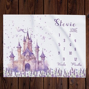 Manta personalizada Purple Castle Milestone para niña, rastreador de crecimiento mensual, accesorio fotográfico para recién nacidos, regalo para baby shower, guardería Princess Castle