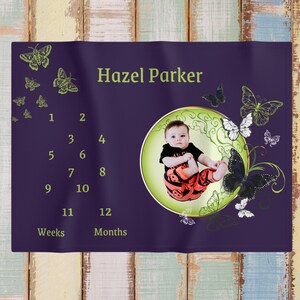 Mystic Moon Moth Personalize Baby Milestone Blanket, month growth tracker, newborn photo prop, baby shower gift, Whimsy Halloween blanket