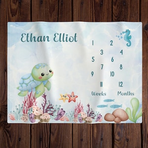Manta personalizada de tortuga marina para hitos de bebé, seguimiento del crecimiento mensual, regalo para baby shower, accesorio fotográfico para bebé, habitación infantil bajo el mar, manta oceánica