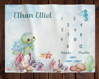 Sea Turtle Personalize Baby Milestone Blanket, Month Growth Tracker, Baby Shower Gift, Baby Photo Prop, Under The Sea Nursery, Ocean Blanket