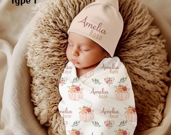 Manta de bebé niña personalizada con diseño de calabaza, atuendo para recién nacida que regresa a casa, regalo para baby shower, accesorio fotográfico para recién nacidos, anuncio del nombre del hospital