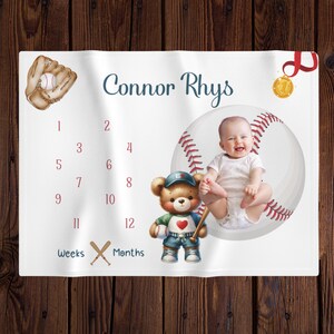 Honkbalbeer personaliseren babyjongen mijlpaaldeken, maandgroeitracker, decor sportkwekerij, pasgeboren foto, honkbal kraamcadeau