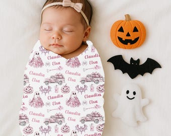 Mädchen Rosa Toile Halloween Personalisieren Swaddle Decke, Nach Hause kommen Outfit, Baby-Dusche-Geschenk, Krankenhaus Namen Bekanntgabe, Halloween Swaddle