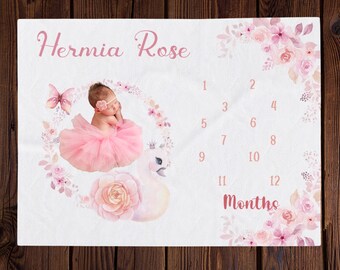 Floral Swan Personalize Baby Girl Milestone Blanket, Month Growth Tracker, Baby Shower Gift, Newborn Photo Prop, Rose Swan Nursery Decor