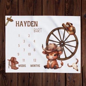 Highland Cowboy Personalize Milestone Blanket, Month Growth Tracker, Baby Shower Gift, Newborn Photo Prop, Western Cow Nursery Décor