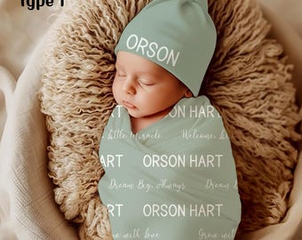 Baby Name Personalize Swaddle Set Blanket, Newborn Coming Home Outfit, Baby Shower Gift, Newborn Photo Prop, Hospital Name Announcement