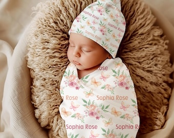 Rose Butterfly Personalize Baby Girl Swaddle Blanket, Coming Home Outfit, Baby Shower Gift, Newborn Photo Prop, Hospital Name Announcement
