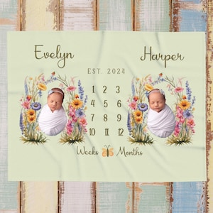 Wildflower Arch Twin Girl Personalize Milestone Blanket, Monthly Growth Tracker, Baby Shower Gift, Twin baby photo prop, Wildflower Nursery