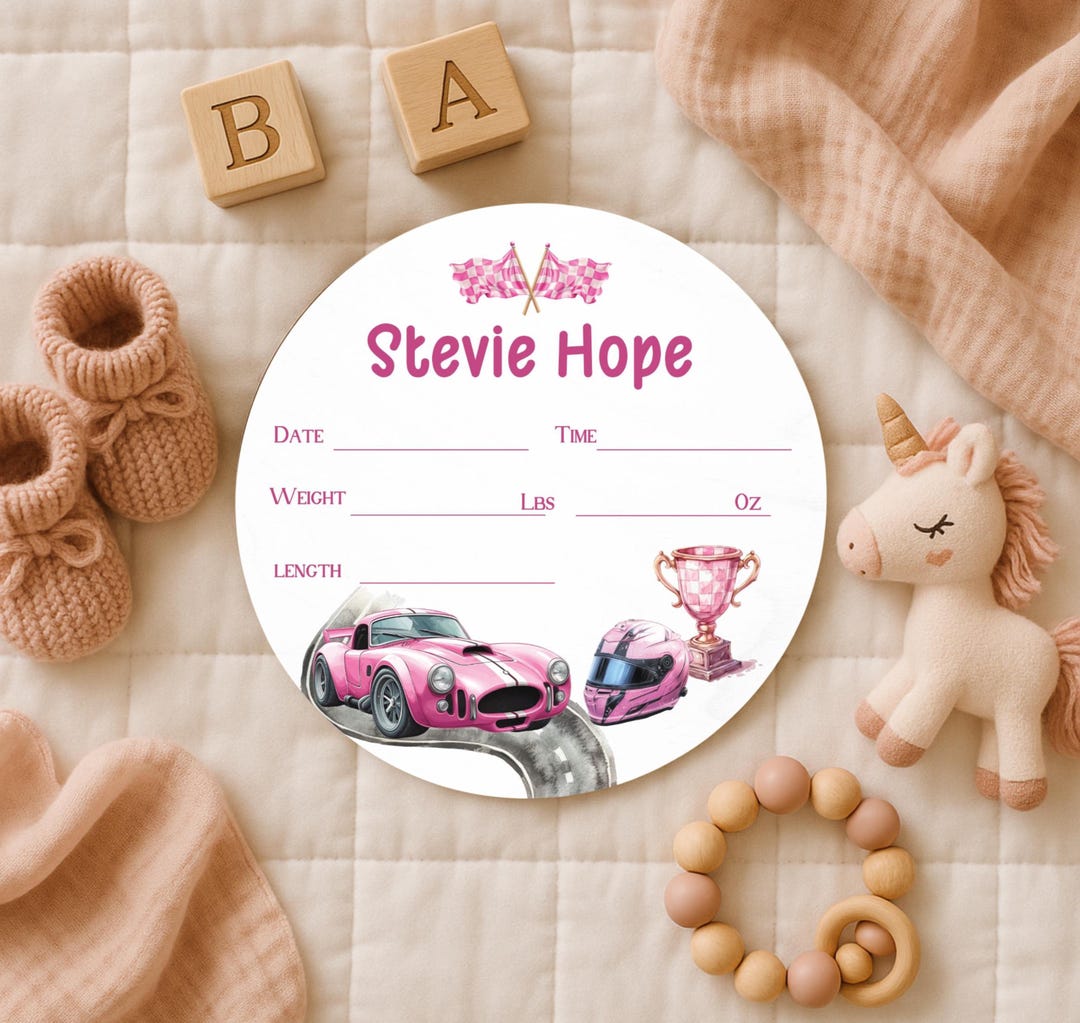 Pinkstats Signage Pink Race Car Baby Girl Birth Stats Sign – Personalized Wood Name Sign ...