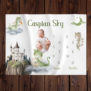 Dragon-babyjongen personaliseren mijlpaaldeken, maandgroeitracker, decor sprookje kinderkamer, pasgeboren foto, drakenkasteel kraamcadeau
