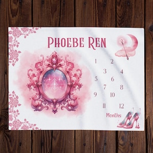 Victorian Magic Mirror Personalize Baby Girl Milestone Blanket, month growth tracker, newborn photo prop, baby shower gift, Magical Nursery