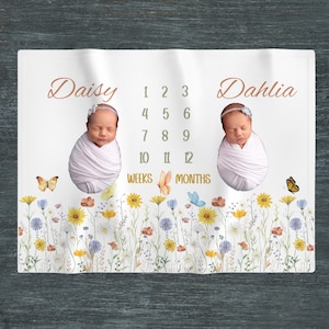 Wildflower Twin Girl Personalize Milestone Blanket, Month Growth Tracker, Baby Shower Gift, Twin Baby Girl Photo Prop, Floral Nursery Décor