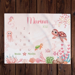 Manta personalizable con forma de tortuga marina para bebé niña, rastreador de crecimiento mensual, regalo para baby shower, accesorio fotográfico para bebé, decoración submarina para guardería