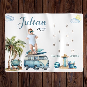 Baby Boy Beach Vibes personaliseren mijlpaaldeken, maandgroeitracker, babykamerinrichting kust, foto pasgeboren, zomer kraamcadeau
