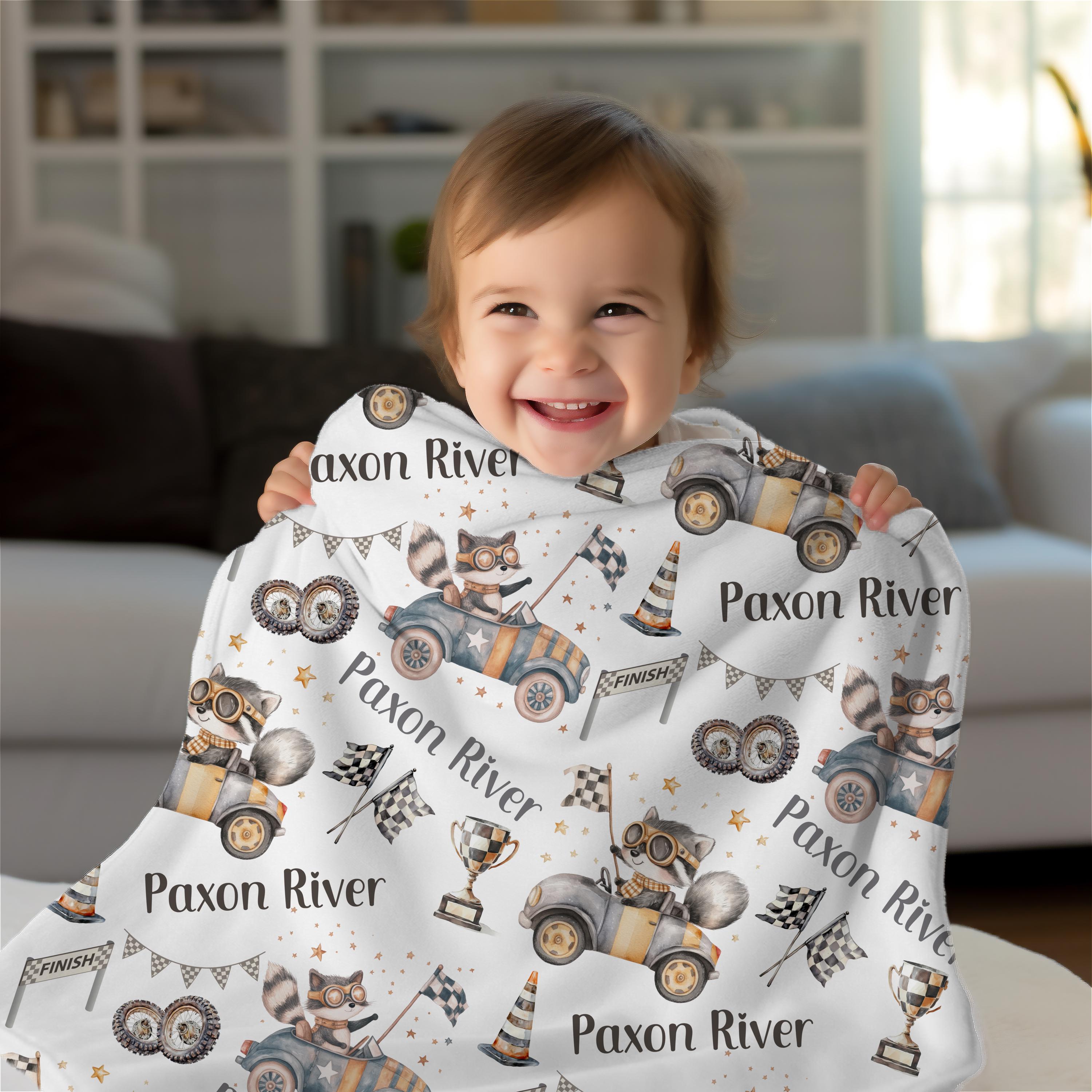 Racer Fox Baby Boy Personalize Blanket, Toddler Birthday Gift, Fox