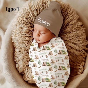 Personalized Woodland Bear Baby Boy Swaddle Blanket, Newborn Coming Home Outfit, Forest Baby Shower Gift, Photo Prop, Hospital Name Reveal