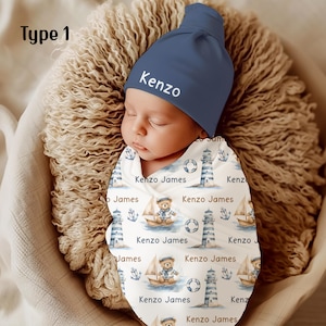 Sailor Teddy Bear Baby Boy Personalize Swaddle Blanket, Coming Home Outfit, Baby Shower Gift, Newborn Photo Prop, Hospital Name Announcement
