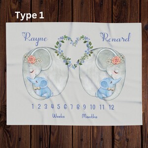 Personalized Twin Baby Milestone Blanket: Floral Elephant Nursery Photo Prop