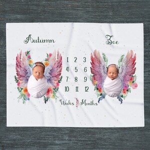 Angel Wings Twin Baby Personalize Milestone Blanket, Monthly Growth Tracker, Baby Shower Twin Mom Gift, Twin baby photo prop, Twin Nursery
