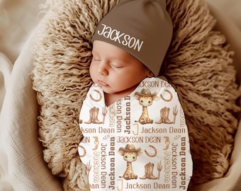 Cowboy Giraffe Personalize Baby Boy Swaddle Blanket, Newborn Coming Home Outfit, Baby Shower Gift, Newborn Photo, Hospital Name Announcement