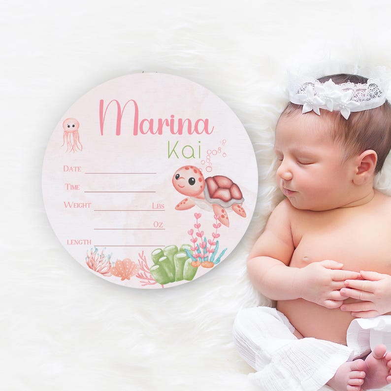 Sea Turtle Personalize Baby Girl Wood Birth Stats, Turtle Name Sign ...