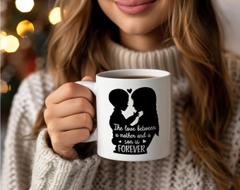 Mother and Son Love Forever Mug - Dark Illustration, Heartwarming Quote Coffee Cup, Perfect Gift for Mom