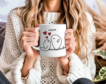 Mom Bird Mug, Mother and Child Bird Illustration, 11 oz Ceramic Coffee Cup, Gift for Mom, Bird Lover Mug