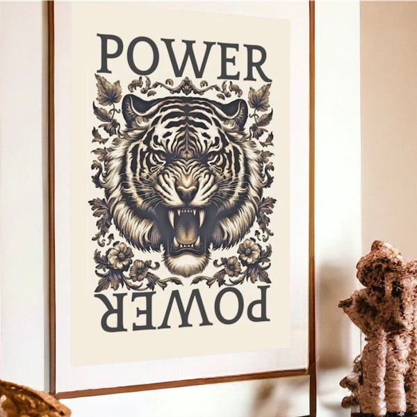 Roaring Tiger and Flowers Wall Art, Power Motivational Home Decoration, Fine Art Paper Poster, Vintage Elegant, Animals Nature Lovers gifts!