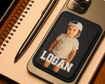 Portefeuille magnétique personnalisé pour téléphone, porte-cartes en cuir végétalien Magsafe, photo personnalisée, lettres monogrammes, portefeuille pour téléphone, Noël personnalisé