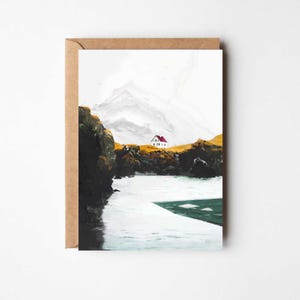 Cartão de felicitações de cabana islandesa, cartão de felicitações de cabana 'Aegir's Rest', cartão de aniversário de aventura, arte paisagística, cartão de montanha, cartão Cottagecore