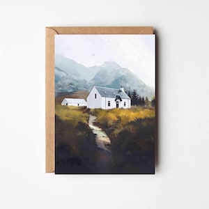 Carte de voeux écossaise Bothy, carte de voeux Etive Cottage, carte d'anniversaire aventure, art du paysage, carte de montagne, carte Cottagecore