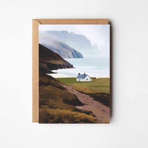 Tarjeta de felicitación de cabaña escocesa, tarjeta de felicitación de cabaña Kearvaig, tarjeta de cumpleaños de aventura, arte paisajístico, tarjeta de montaña, tarjeta cottagecore