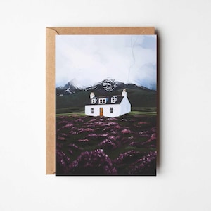 Scottish Bothy Greeting Card, Amidst the Heather Greeting Card, Adventure Birthday Card, Landscape Art, Mountain Card, Cottagecore Card