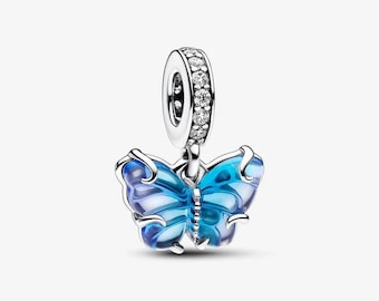 Blue Murano Glass Butterfly Dangle Charm S925 Sterling Silver Mother’s Day/Birthday Gift /Christmas Gift
