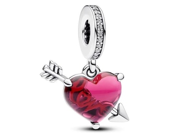 Red Heart & Arrow Murano Glass Dangle Charm S925 Sterling Silver Mother’s Day/Birthday Gift /Christmas Gift