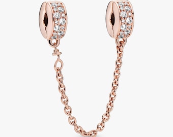 Rose Gold Clear Pavé Safety Chain Clip Charm S925 Sterling Silver Mother’s Day/Birthday Gift /Christmas Gift