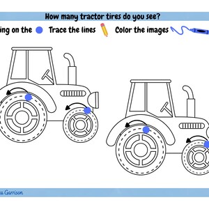 K&ouml;nnte beinhalten: Eine Schwarzwei&szlig;-Zeichnung von zwei Traktoren. Jeder Traktor hat vier R&auml;der. Das Bild enth&auml;lt den Text "Wie viele Traktorreifen siehst du?" und "Beginnen Sie mit", "Verfolgen Sie die Linien" und "F&auml;rben Sie die Bilder".