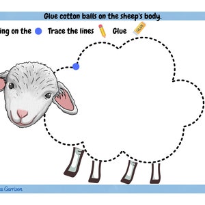 K&ouml;nnte beinhalten: Eine Schwarzwei&szlig;illustration eines Schafs mit einer gepunkteten Linie, die seinen K&ouml;rper umrei&szlig;t. Der Text "Glue cotton balls on the sheep's body." befindet sich oben im Bild. Der Text "Starting on the" wird von einem blauen Kreis gefolgt. Der Text "Trace the lines" wird von einem Bleistiftsymbol gefolgt. Der Text "Glue" wird von einem Klebesticksymbol gefolgt.
