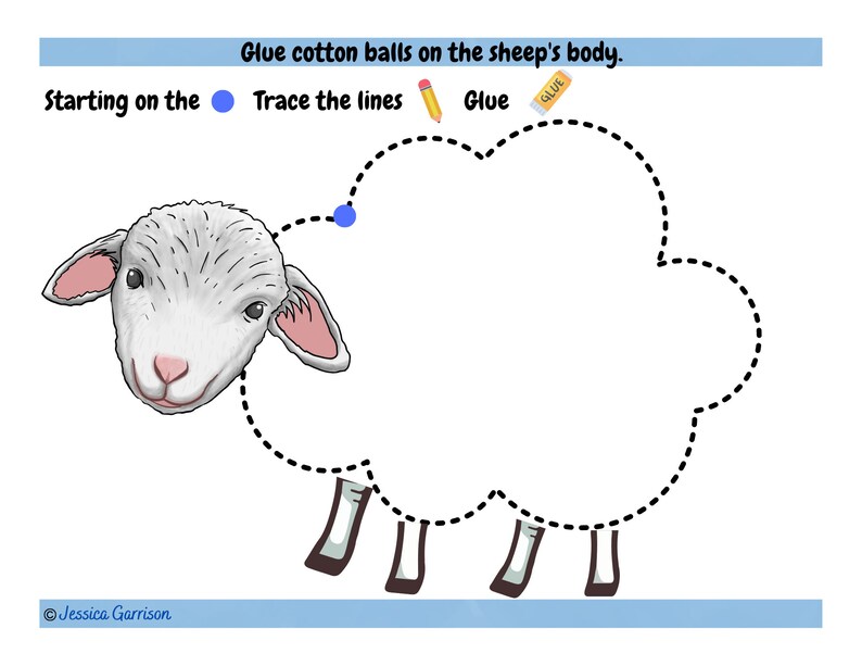 K&ouml;nnte beinhalten: Eine Schwarzwei&szlig;illustration eines Schafs mit einer gepunkteten Linie, die seinen K&ouml;rper umrei&szlig;t. Der Text "Glue cotton balls on the sheep's body." befindet sich oben im Bild. Der Text "Starting on the" wird von einem blauen Kreis gefolgt. Der Text "Trace the lines" wird von einem Bleistiftsymbol gefolgt. Der Text "Glue" wird von einem Klebesticksymbol gefolgt.